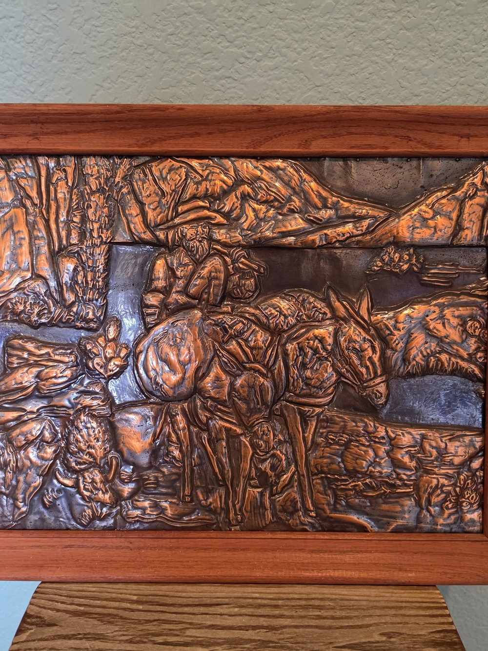 Vtg Repousse Copper Relief Plaque Folk Art Miner Mountain Framed Rustic 14x18
